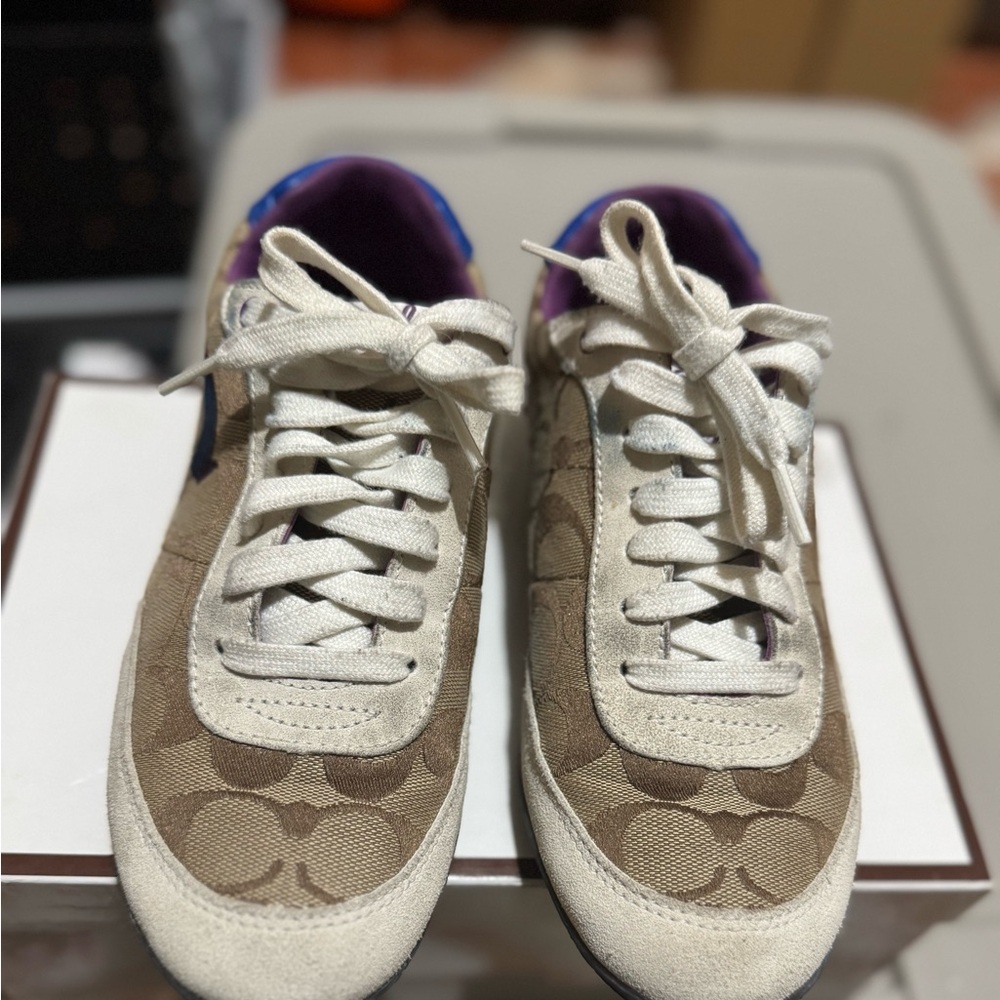 Coach Tan and Cream Lace-Up Sneakers